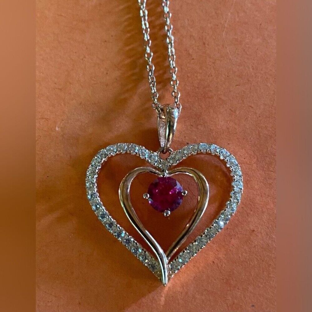 Stauer Necklace Women’s Sterling Silver Gold Plate Hearts Ruby Diamonds 18”